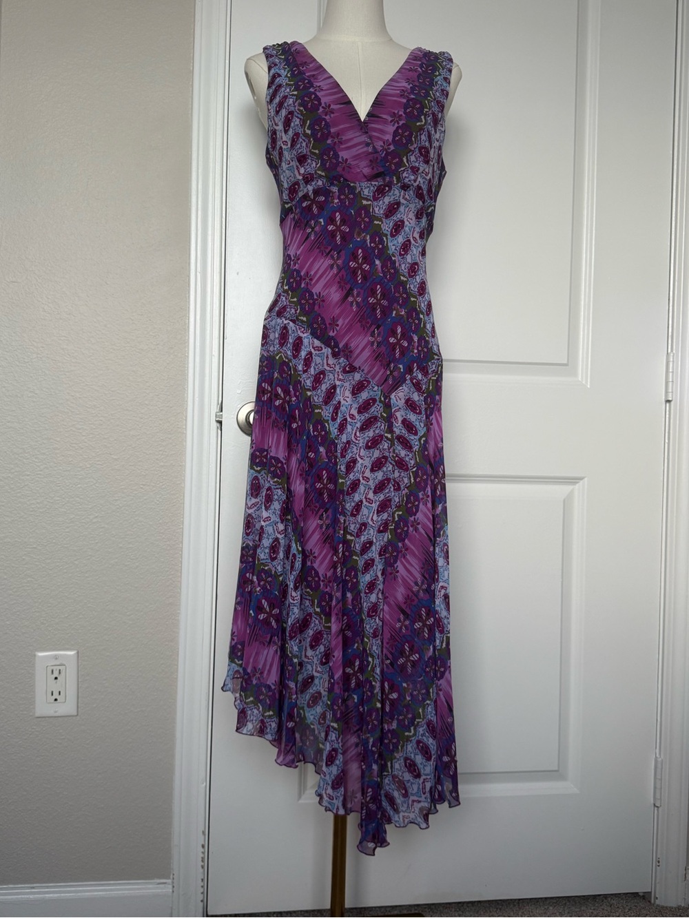 Whimsical Purple Mosaic Asymmetrical Midi Dress